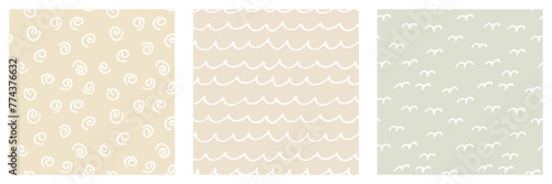 Set of Doodle seamless Patterns in neutral Pastel colors. Cute hand drawn scribble Background for Baby. Abstract modern ornament for the design of children's Wallpaper, clothing, textile toys