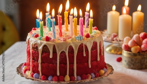 A vibrant red velvet birthday cake adorned with colorful candles and festive sprinkles, ready to be a centerpiece for joyous celebrations and special occasions.