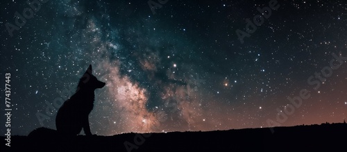 silhouette of a fox sitting on he ground a night and looking a the stars and galaxies in the sky. 