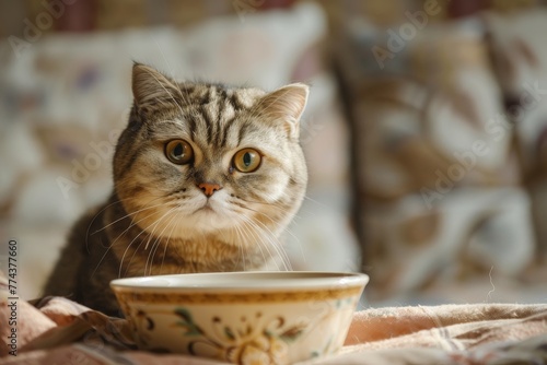 Healthy Scottish fold cat waiting by food dish
