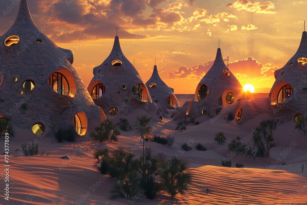Desert oasis with futuristic beehive accommodations, sustainable design, blending with the landscape, hovercrafts, sunset scene  , Blender - obrazy, fototapety, plakaty 