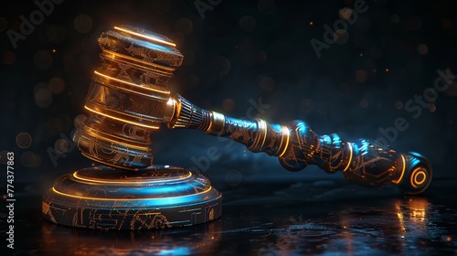 Futuristic hammer of law wielded by AI, symbolizing a new era of digital justice and intelligent enforcement , high resolution