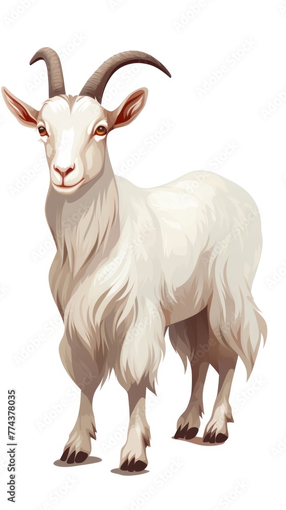 A white goat with brown eyes and brown horns stands on a white background. A white goat with brown eyes and brown horns stands on a white background.
