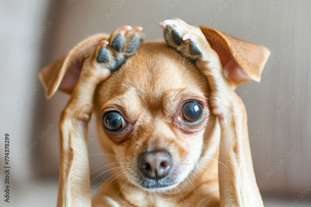 Chihuahua covering ears with paws