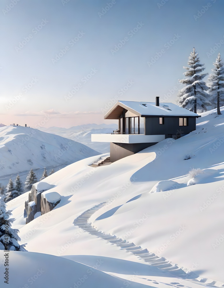Winter Wonderland House, Modern Architecture Amidst Snowy Landscape During Daytime, Generative AI