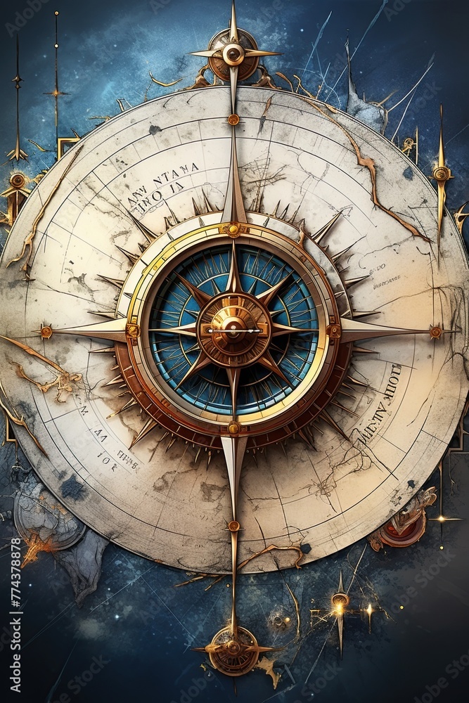 Obraz premium Nautcal compass blueprint, sketch , technical drawing. Exploration and sailing concept. Poster design. Ai Generative