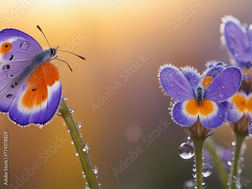 butterfly on a flower, elicate violet flowers in drops of dew and orange butterflies against the background of sunrise photo