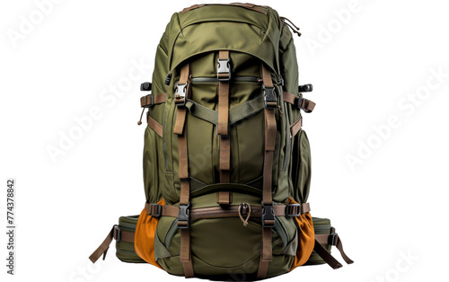 A large backpack with multiple straps, ready for an adventure