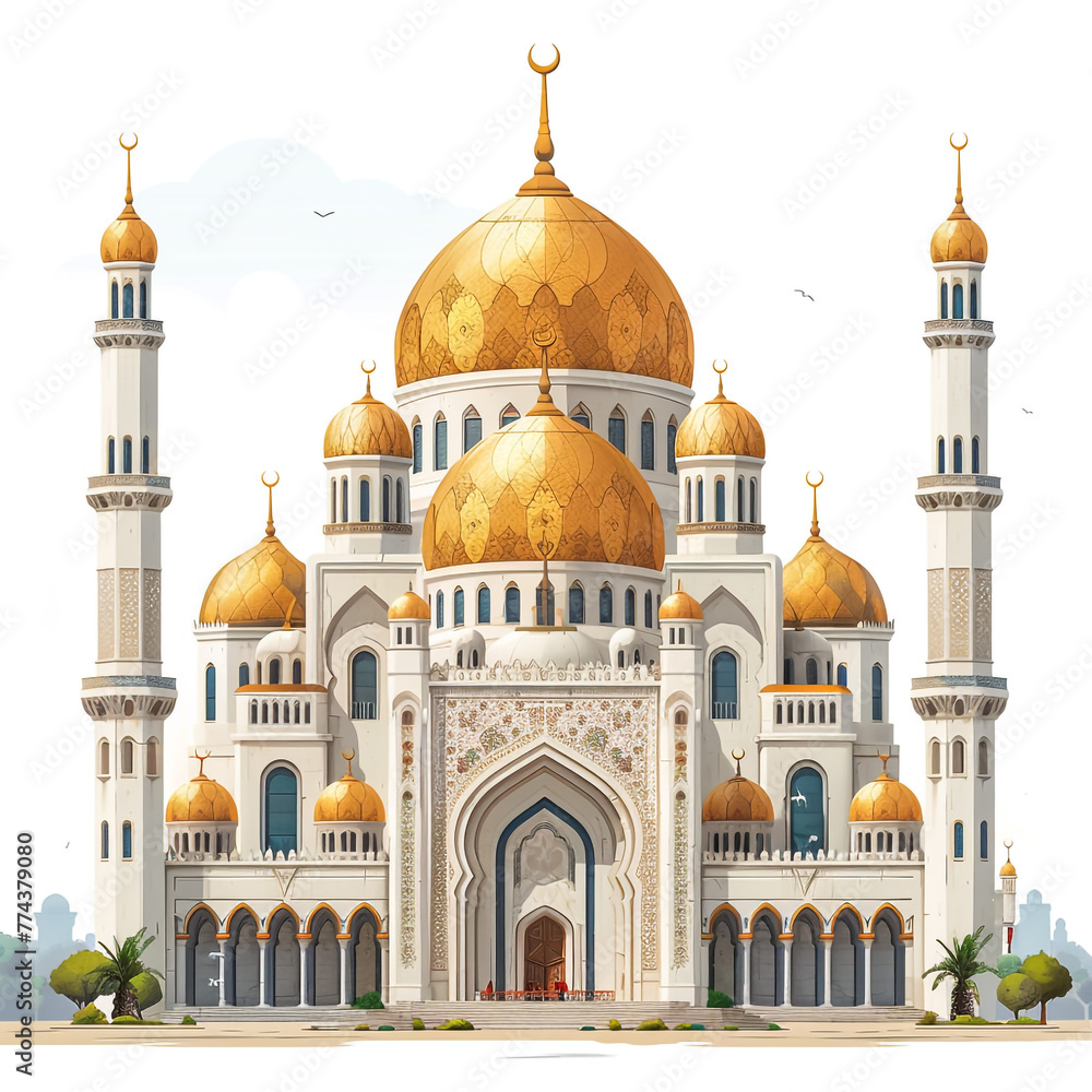 A large Muslim mosque, a three-dimensional raster illustration with contour lines highlighting the details of construction. 3d rendering.