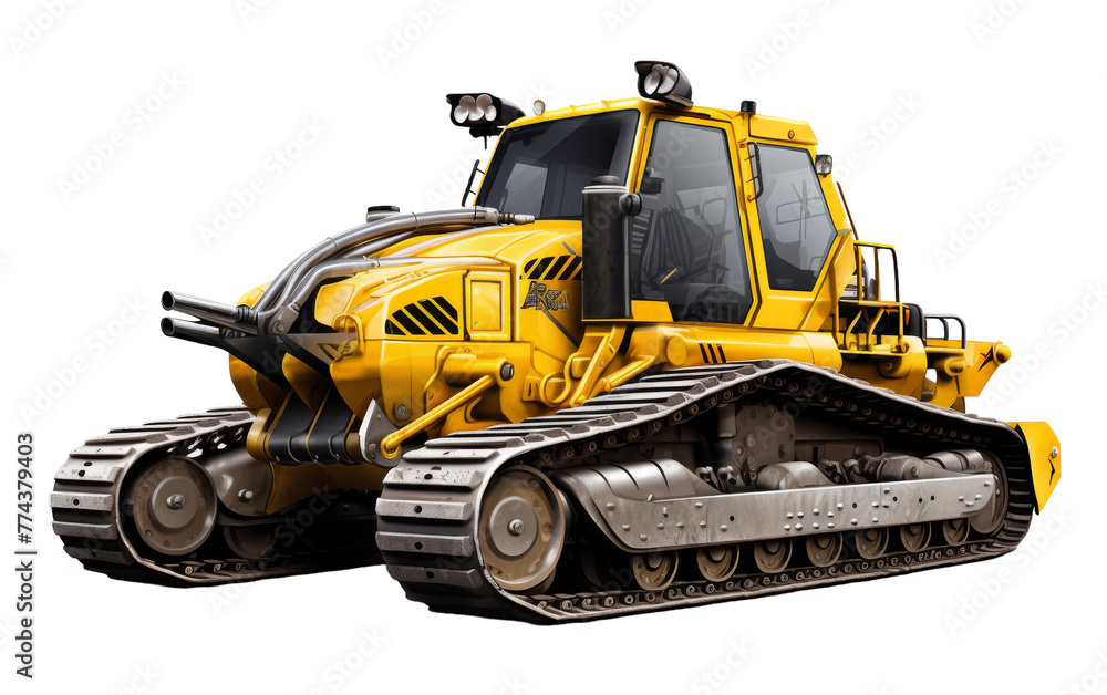 A powerful yellow bulldozer stands prominently against a clean white background A powerful yellow bulldozer stands prominently against a clean white background