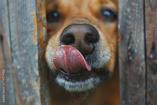 A dog s cute nose and tongue peeking through a hole in the fence licking and drooling photo