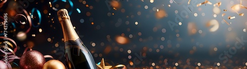 Goldene Champagnerflasche, Konfetti und Luftschlangen, Konzept Hintergrund Weihnachts-, Geburtstags- oder Hochzeitsfeier, Textfreiraum