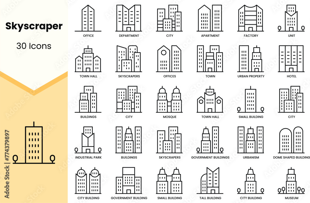 Set of skyscraper icons. Simple line art style icons pack. Vector illustration