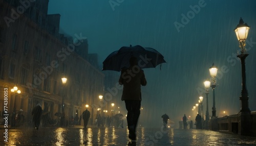 A lone figure with an umbrella strides along a rain-soaked promenade, bathed in the lamplight's golden hue against the backdrop of a stormy dusk. photo