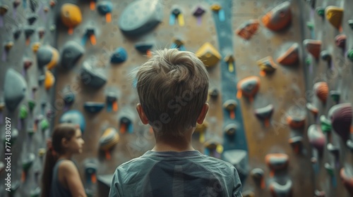 Family Enjoying a Boy's Indoor Climbing Adventure Generative AI © Alex