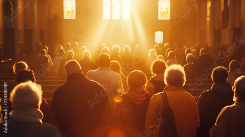 A wide-angle shot of a diverse congregation leaving a church service, their faces reflecting joy and fellowship. The morning sun illuminates the scene, casting soft shadows and hig