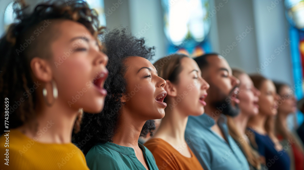 Obraz premium A choir made up of members from diverse age groups and ethnicities sings passionately inside a church. The natural light from the windows highlights their expressions, with the arc