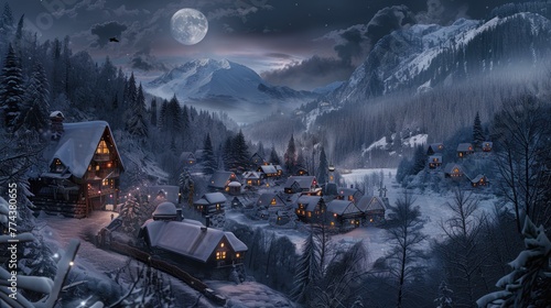 house in snow forest with orange light photo