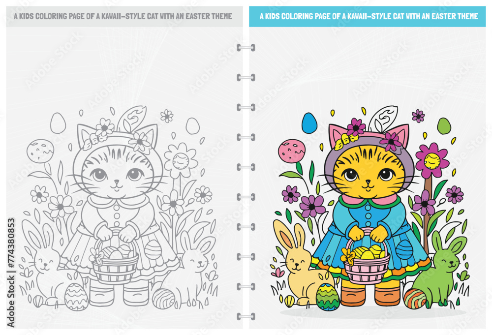 Cute Kawaii kitten print-ready coloring page for children. Black and white line drawing vector illustration. isolated on white background. 