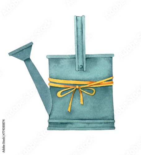 Turquoise watering can. Watercolor illustration, poster.