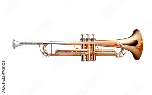 A shiny brass trumpet standing out against a plain white background