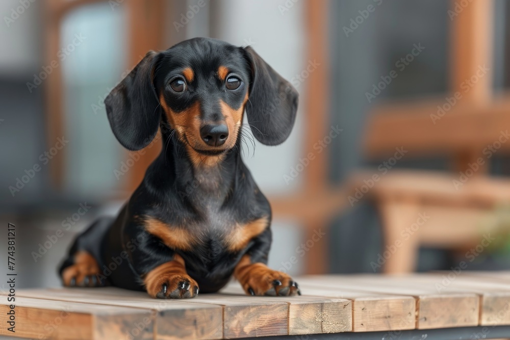 Black and tan dachshund puppy sits on special ramp for back health and safety