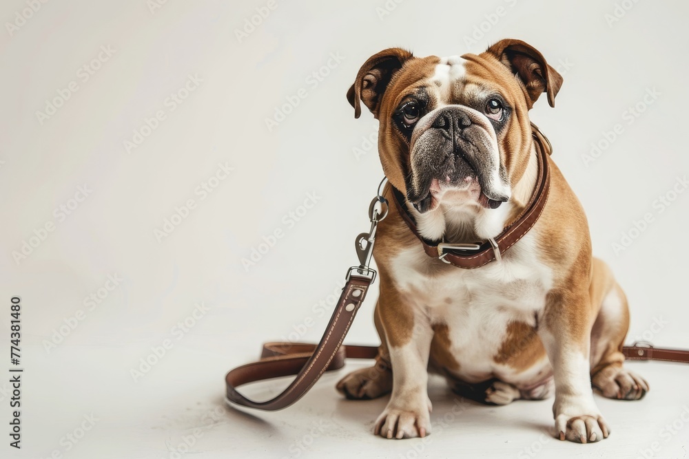 Fototapeta premium Bulldog with leash and collar white background