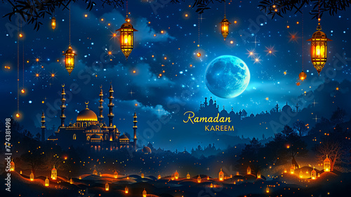 Muslim Holiday with Dark Night Arabian Cityscape, Mosque - Creative Design Vector Format