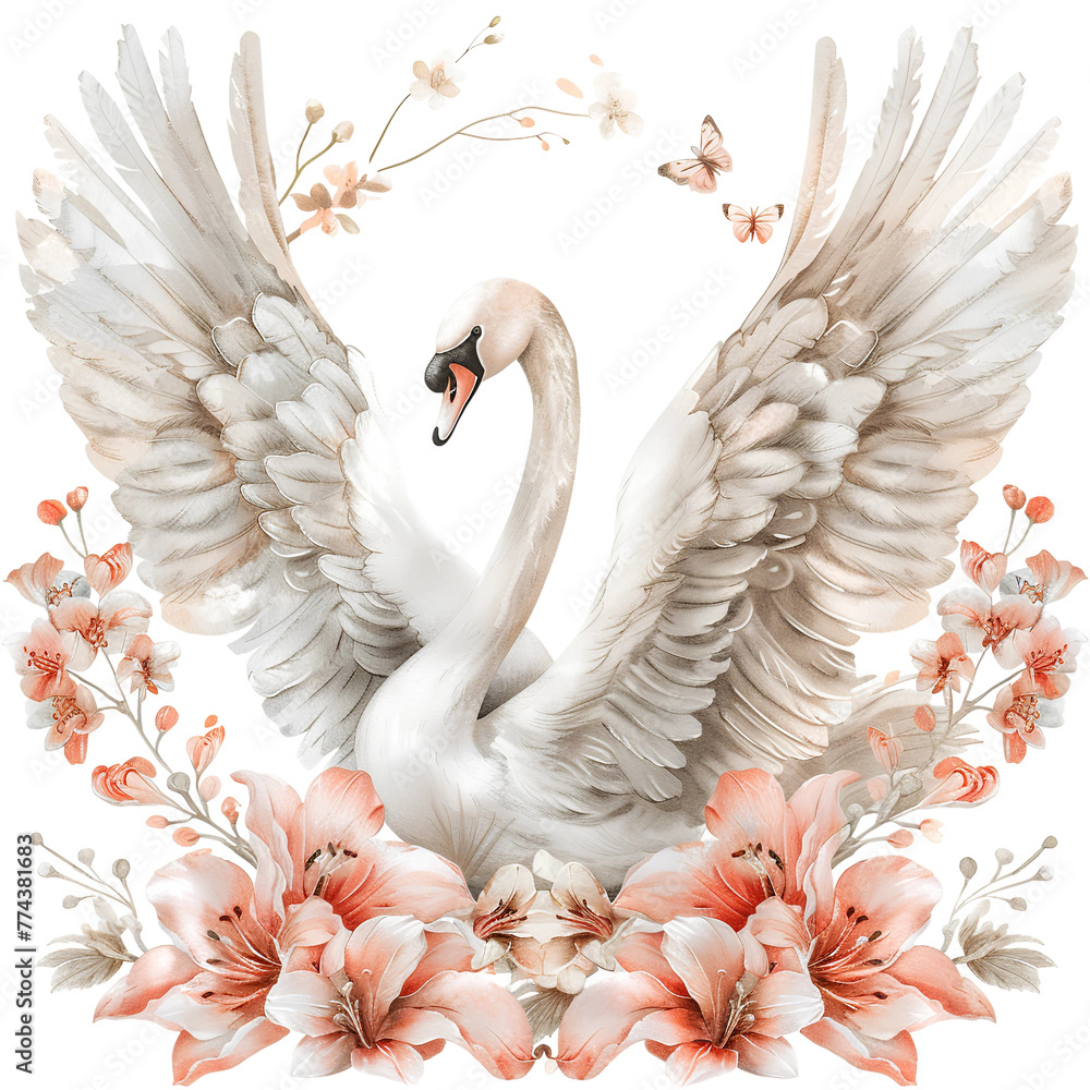 Obraz premium A beautiful white swan with open wings, decorated with lily flowers, watercolor illustration in pastel shades 