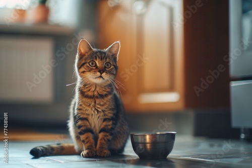 Cute Scottish cat eagerly waits for owner to refill food bowl in kitchen Domestic pet blurred background photo