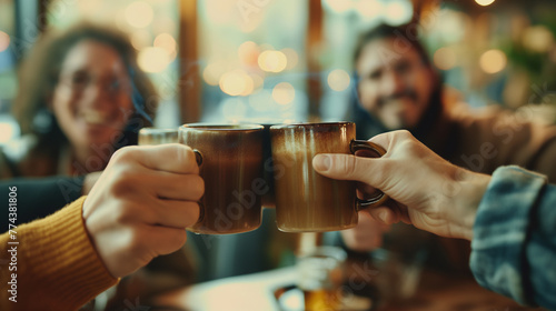 Close-up of hands toasting coffee mugs during a conference break, with smiles and laughter in the background. The natural morning light filters through, highlighting the warmth of