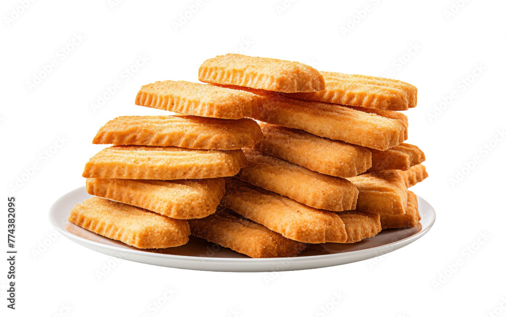 A white plate holds a colorful array of crackers stacked on top of one another A white plate holds a colorful array of crackers stacked on top of one another