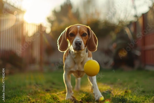 Beagle dog actively trains to fetch yellow ball in backyard with canine theme