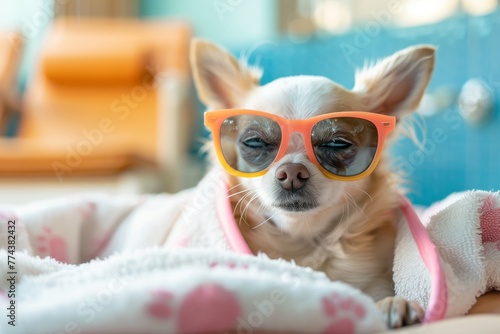 Chihuahua dog chilling in spa wearing robe and sunglasses