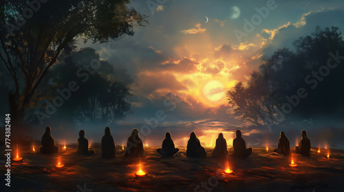 Individuals seated in a semi-circle  each with a candle on the ground in front of them  in deep prayer or meditation. The twilight sky and the candles    flames create a moody  atmos