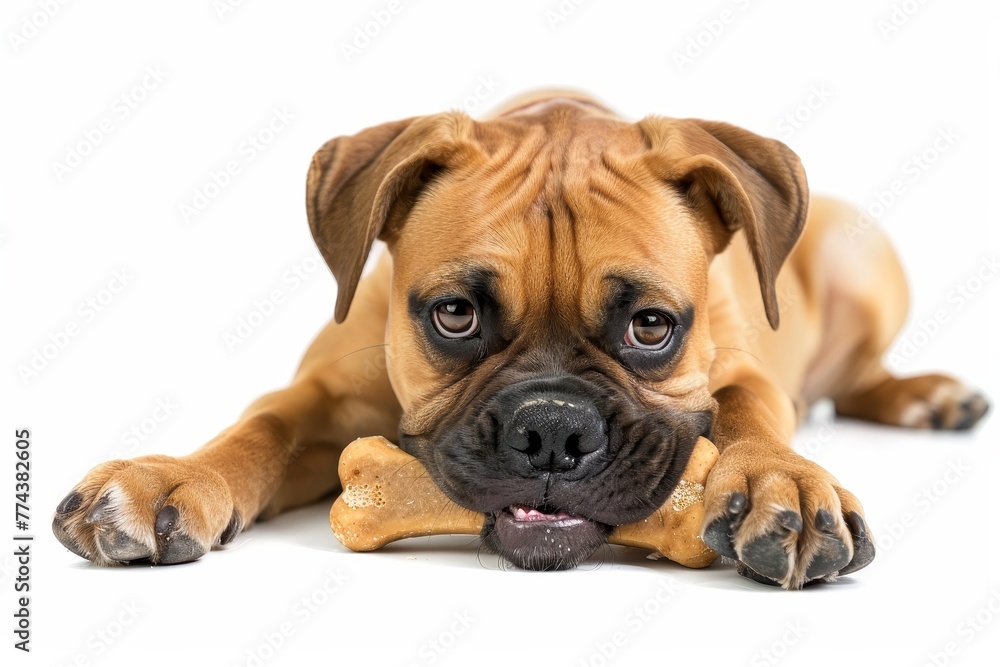 Dog with bone in mouth against white backdrop