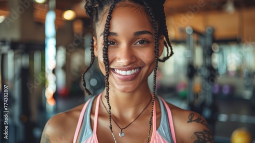 Fit Woman Exuding Joy while Working Out at the Gym Generative AI photo