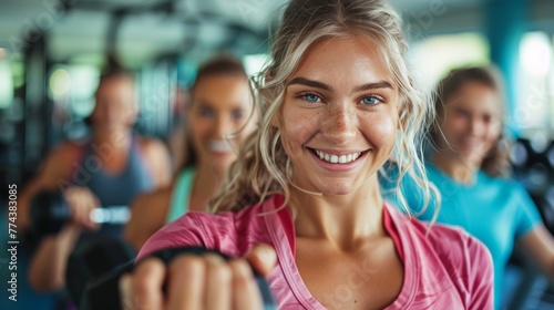 Fit Woman Strengthening Bonds by Lifting Weights with Family at the Gym Generative AI