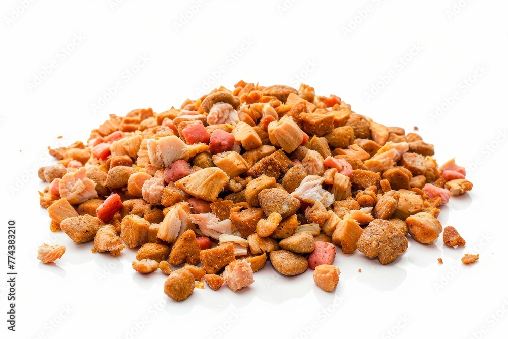 Cat food with poultry isolated on white surface Cat food with poultry isolated on white surface