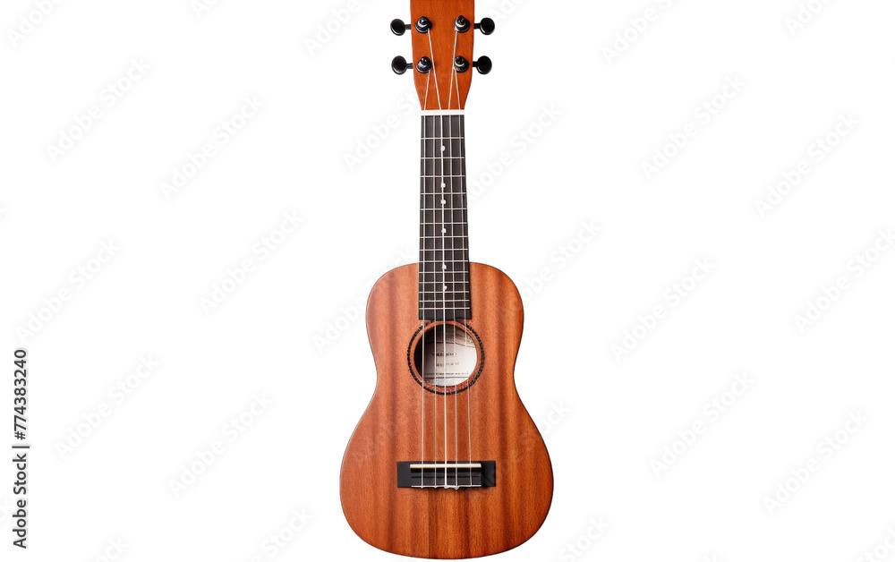 A wooden ukulele laid against a pristine white background