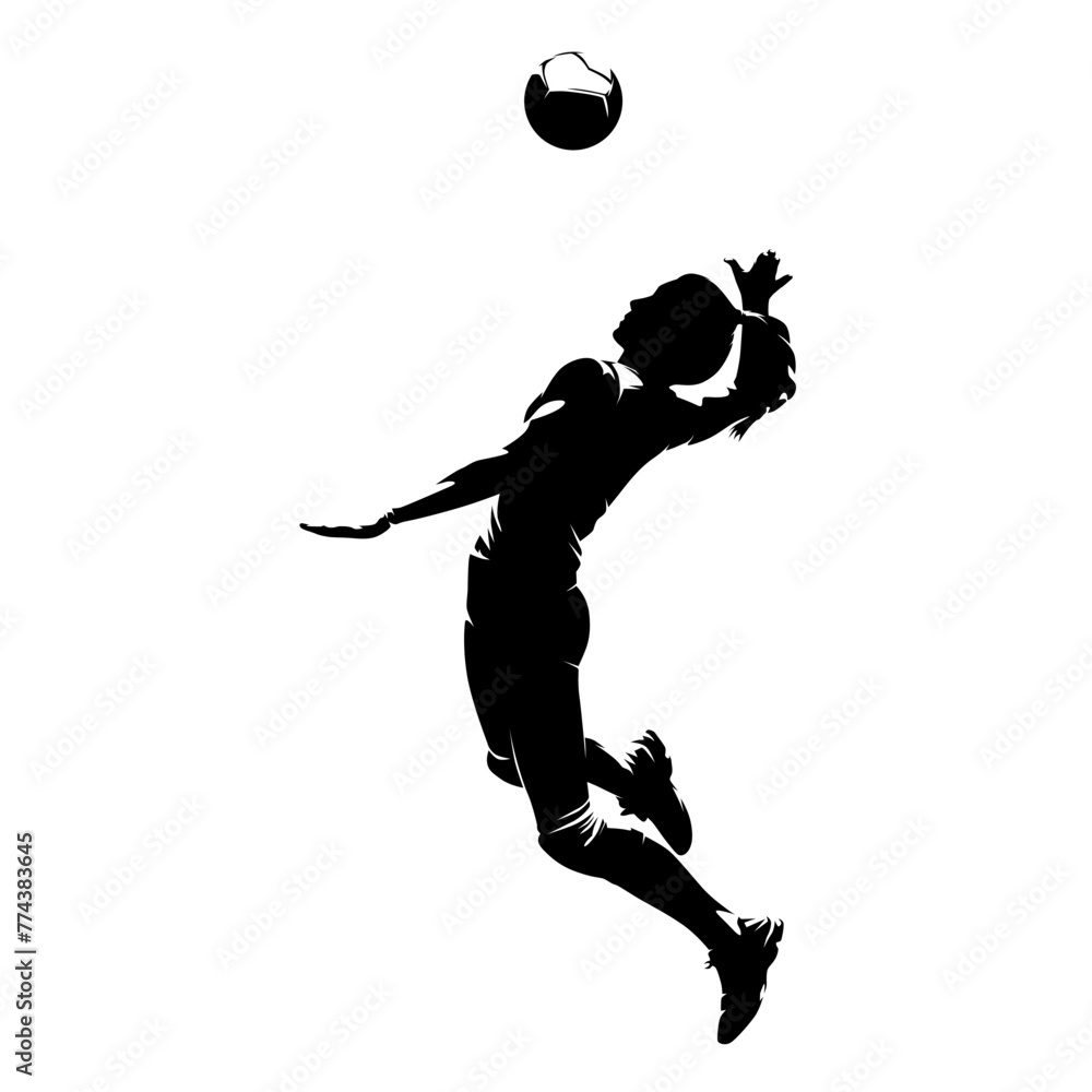 Volleyball player, woman, isolated vector silhouette, side view. Female volleyball logo - obrazy, fototapety, plakaty 