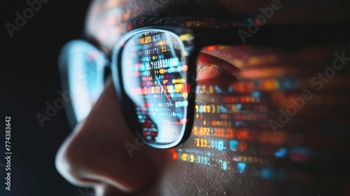 eyeglasses on man with computer codes background