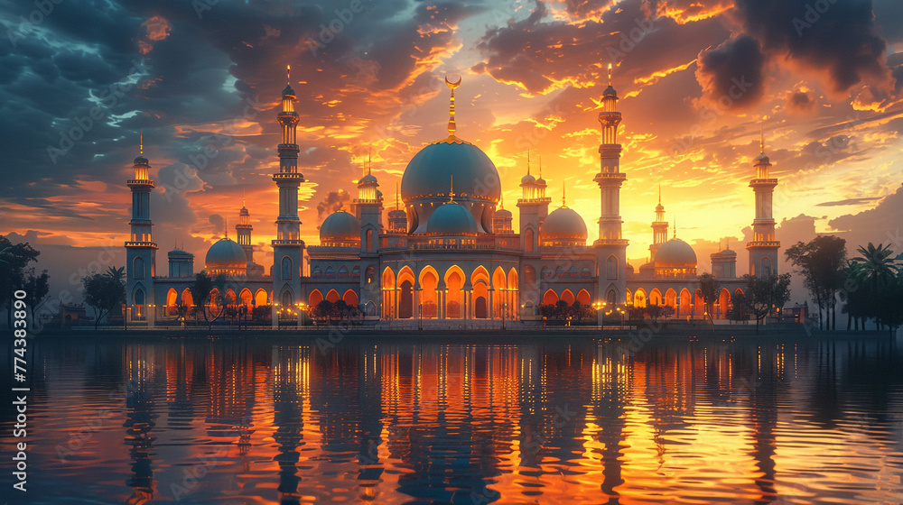 This stunning illustration captures the beauty of the mosque with vibrant colors and intricate details, creating a stunning centerpiece for your Ramadan celebrations.