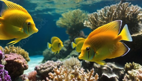 Vibrant yellow tropical fish swimming gracefully among the diverse coral reefs in a serene underwater scene