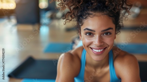 Enthusiastic Woman Prepping for a Group Yoga Session Generative AI