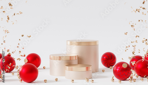 Christmas or New Year holidays background, golden podiums or pedestals for products or advertising with red baubles, 3d render