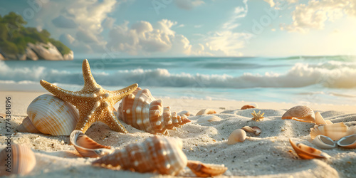shell on the beach. Summer background with seashells and starfish on a sandy beach.