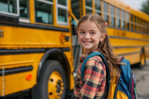 Positive schoolgirl brimming with joy ready for bus ride