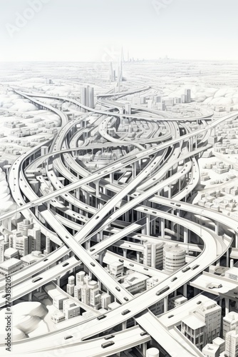The aerial view shows a city with a vast network of roads crisscrossing the landscape. Buildings, intersections, and vehicles can be seen in the urban sprawl below
