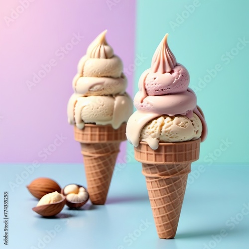 Organic nut ice cream. Summer mood, delicious refreshing dessert, gelato.